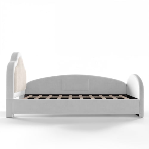 Twin Size Upholstered Kids Floor Bed with Curved Headboard, Safety Side Rails and Storage Pocket, Light Gray