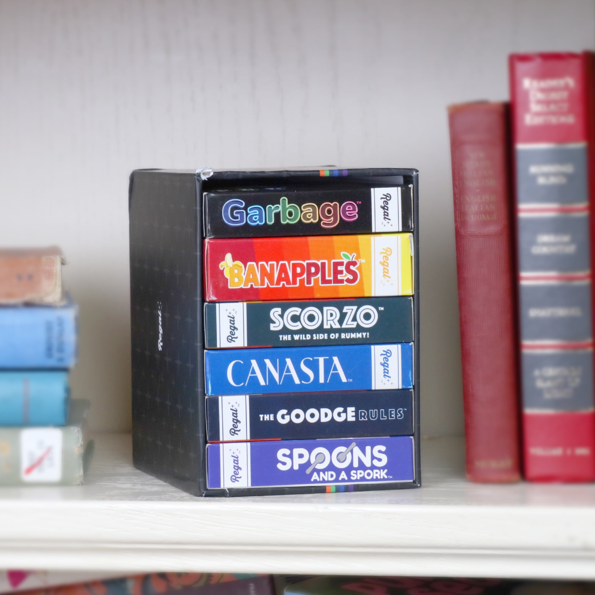 Regal Games, Mega Game Pack, 6 Card Games- ScorZo, The Goodge Rules, Banapples, Spoons and a Spork, Garbage, and Canasta - for Family Gatherings & Game Nights