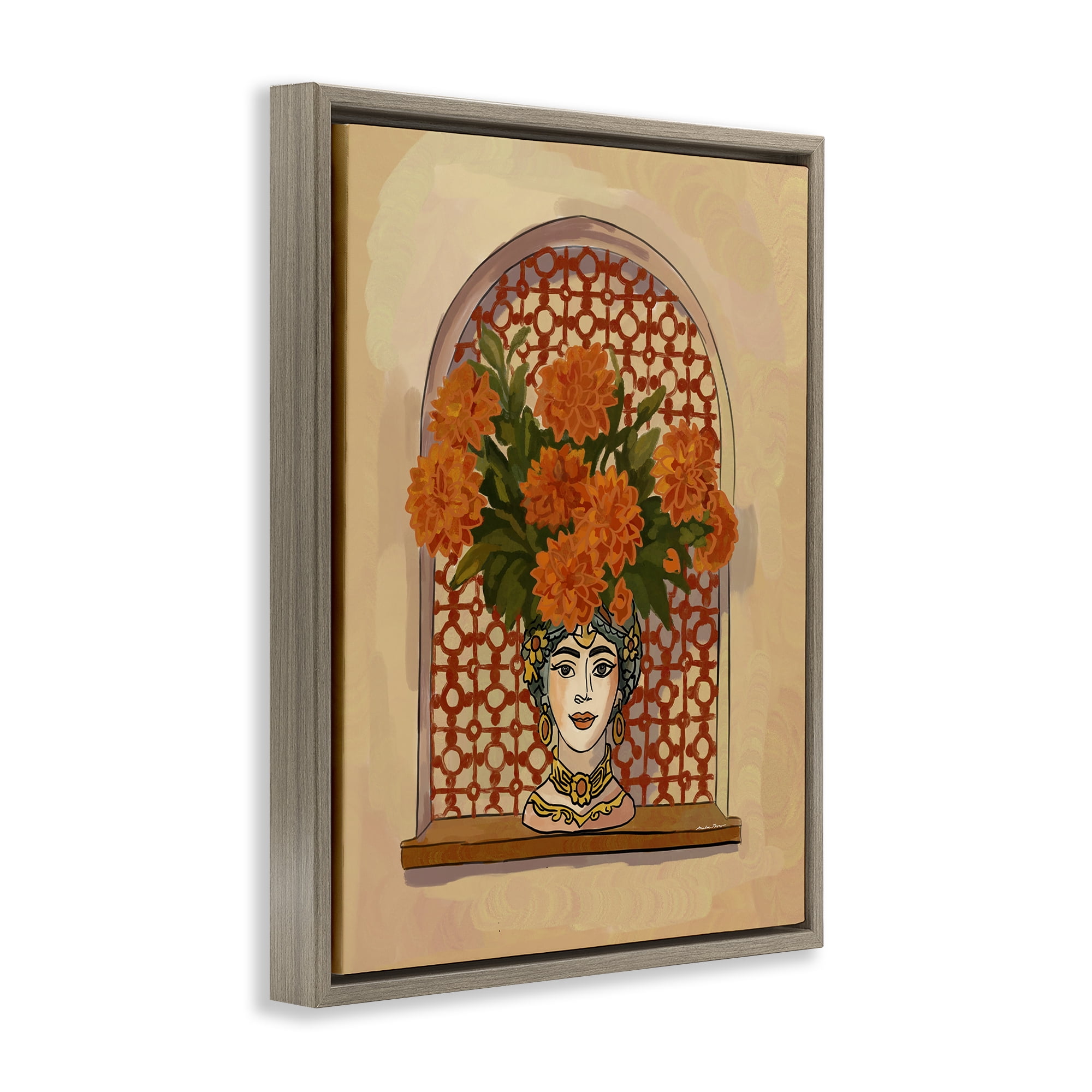 Stupell Industries Ornate Flower Head Vase Brown Framed Floater Canvas Wall Art, design by Amelia Noyes