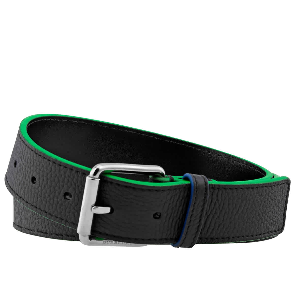 Burberry Men's Neon Green Trim Black Leather Belt, Brand Size 90 CM -  