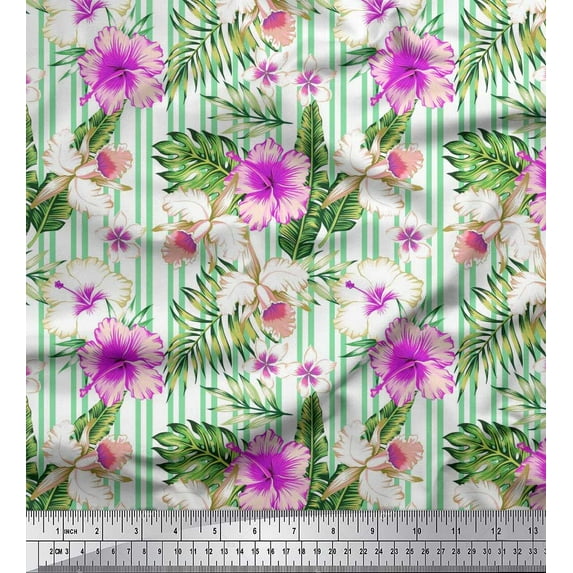 Soimoi Green Cotton Duck Fabric Tropical Leaves,Stripe & Floral Printed Fabric 1 Yard 56 Inch Wide