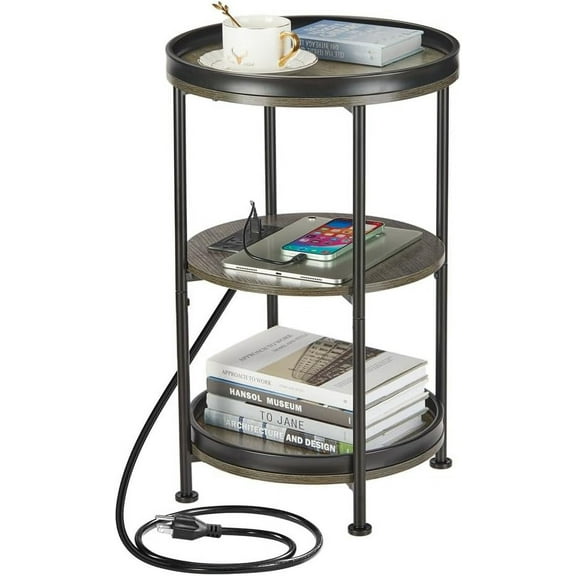 Round Side Table with Charging Station, End Table with 3 Shelves for Living Room, Bedroom Nightstand with Steel Frame for Small Spaces, Industrial Round Sofa Table (USB Grey)