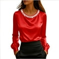 thumbnail image 3 of Womens Silk Satin Blouse Pearls Crew Neck Long Sleeve Shirts Solid Color Elegant Casual Loose Tops Business Holiday Outfits, 3 of 5