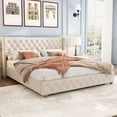thumbnail image 1 of King Size Linen Wingback Bed - Beige with Gold Nailhead Trim, 1 of 7