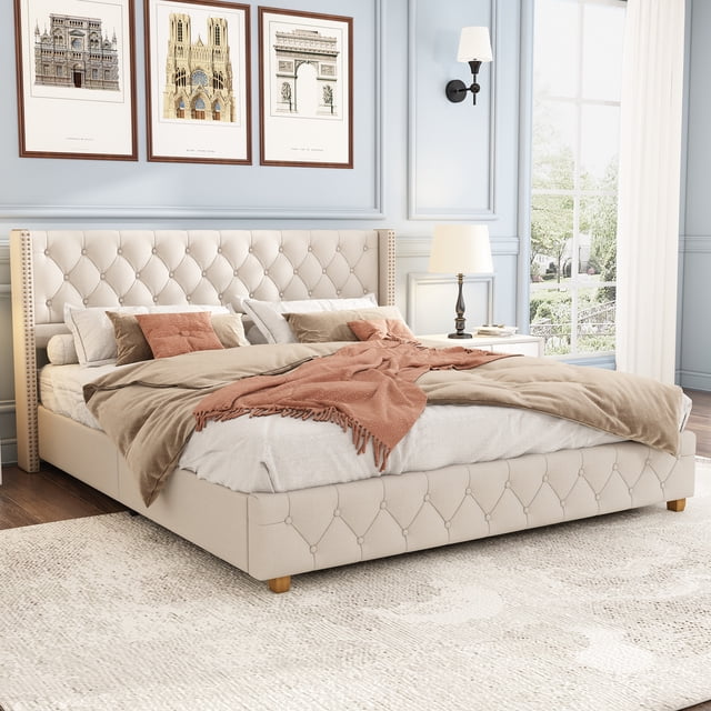 King Size Linen Wingback Bed - Beige with Gold Nailhead Trim