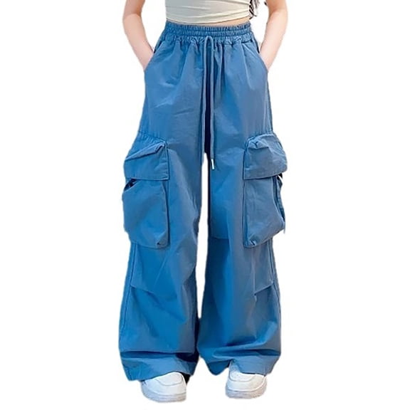 SJLDQY Girls Cargo Pants Casual Elastic Waist Drawstring Baggy Pants for Girls Solid Color Wide Leg Trousers with Pockets