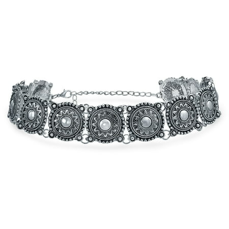 Native American Southwestern Style Concho Wide Choker Silver Tone Metal Necklace For Women For Teen Adjustable