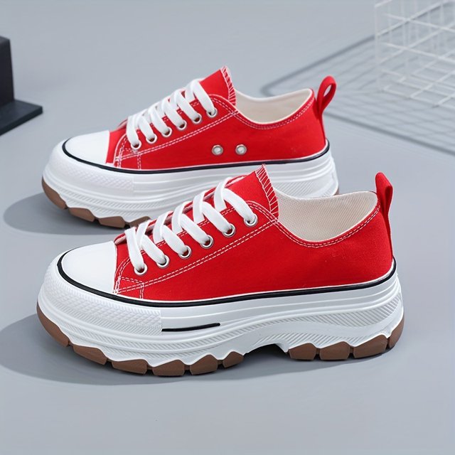 Zapatos De Lona Con Plataforma Para Mujer, Cómodos Zapatos Redondos Con Cordones Y Punta Cerrada, Zapatos Casuales De Color Sólido