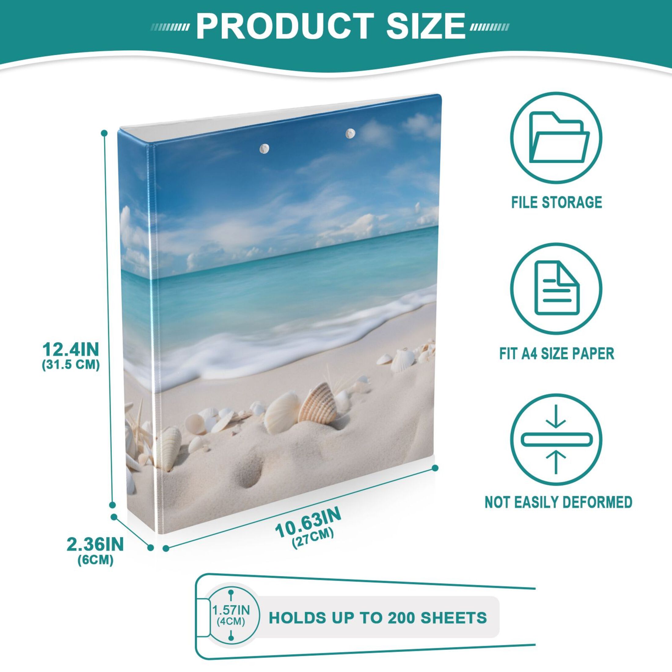 Beach Shells Sea 3 Ring Binders 1.5 inch Hardcover File Folders with Interior Pockets A4 Size Organizer for School Office Hospital
