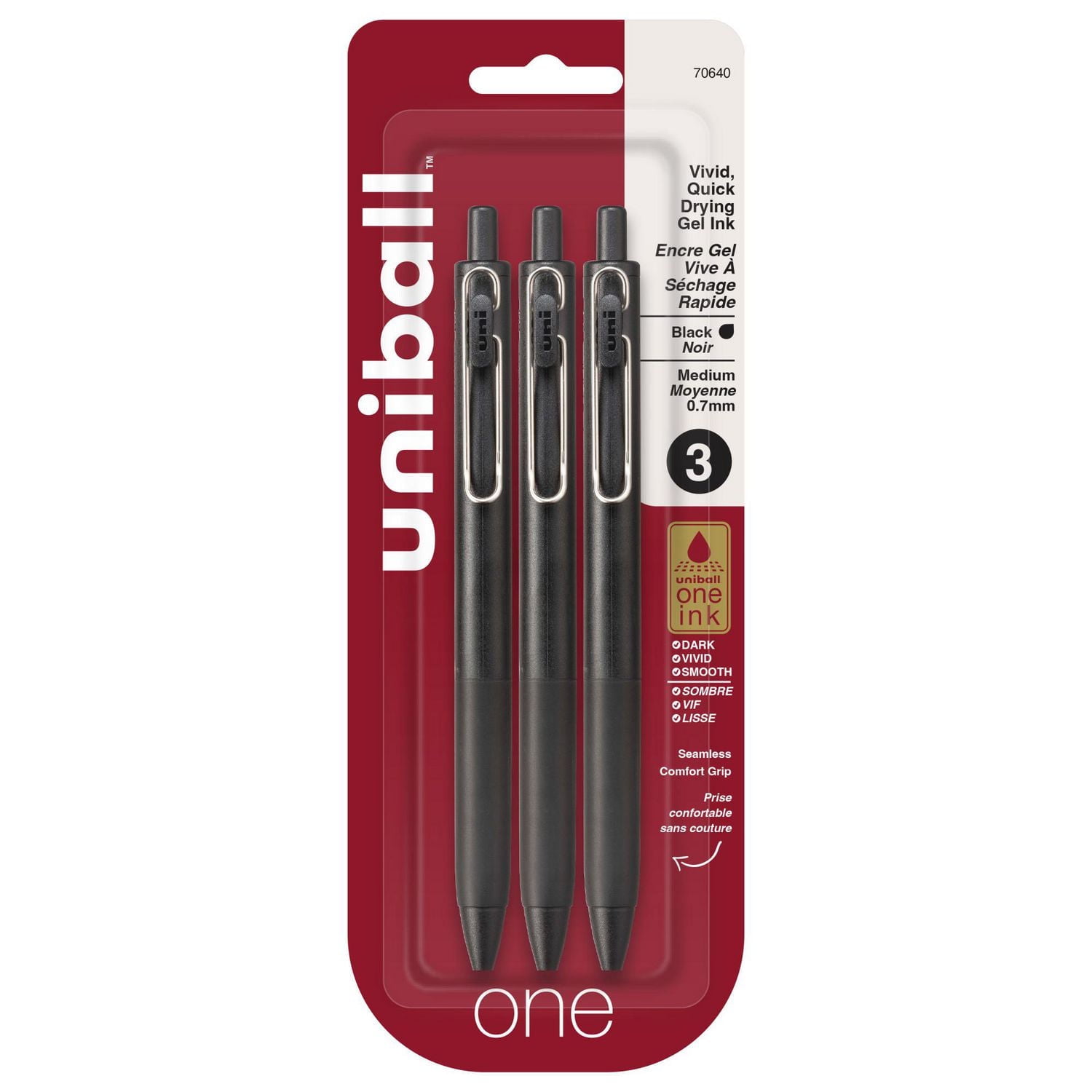 uniball™ one Retractable Gel Pens, Medium Point (0.7mm), Black Barrels, Black Ink, 3 Pack