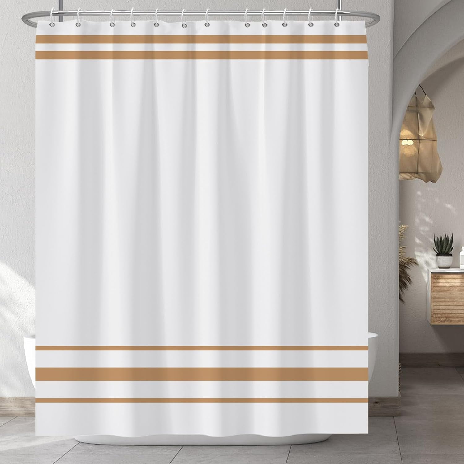 Striped Shower Curtain for Bathroom Minimalism Style Shower Curtain Set Brown and White Stripes Shower Curtains Dormitory Cubicle Waterproof Fabric Shower Curtain with Hooks 72x84 Inches