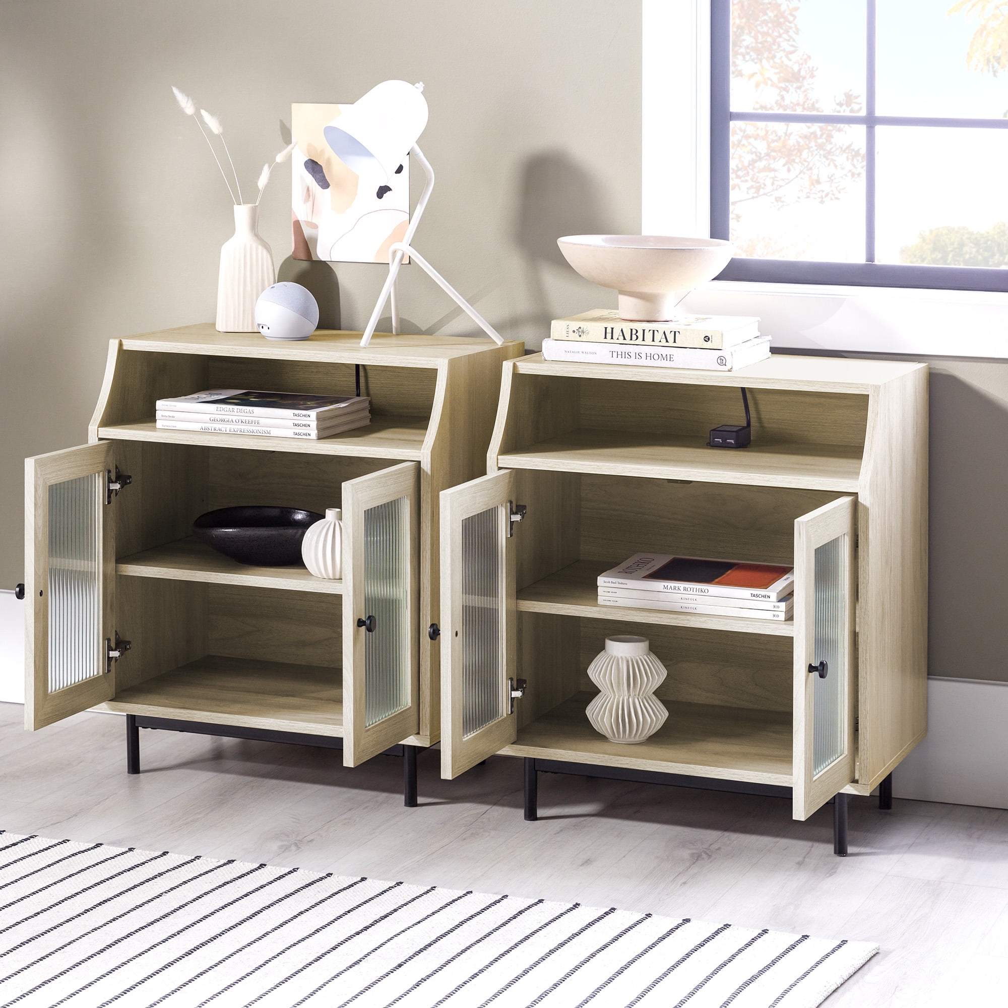 Walker Edison Modern 2 Door USB Port Nightstand, Set of 2, Birch