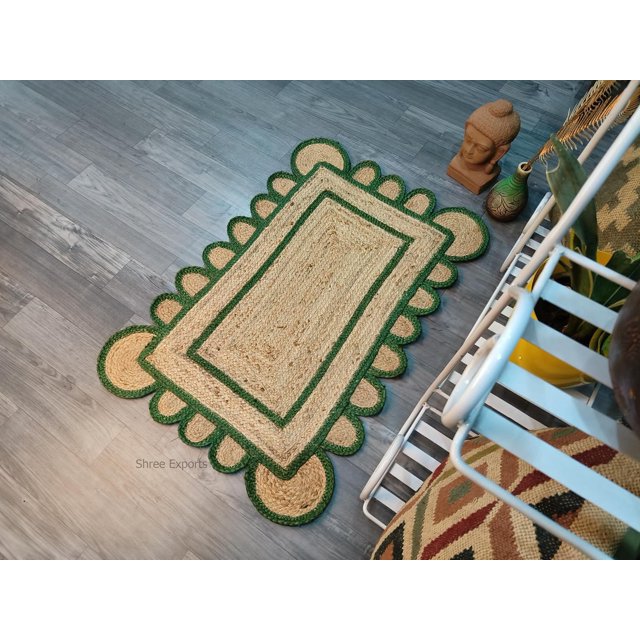 Shree Exports Hand Woven Farmhouse Jute Area Scalloped Rug (Green, 2x3 Feet)
