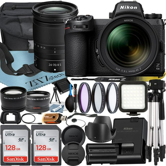 Nikon Z6 II Mirrorless Camera with NIKKOR Z 24-70mm f/4 S Lens + SanDisk 128GB Card + Case + Wide angle + Tripod + ZeeTech Accessory Bundle