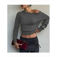 thumbnail image 5 of Women Off Shoulder Long Sleeve Cropped Pullover Sweater Top Trendy Boat Neck Soft Ribbed Knit Crop Sweater Gray S, 5 of 8