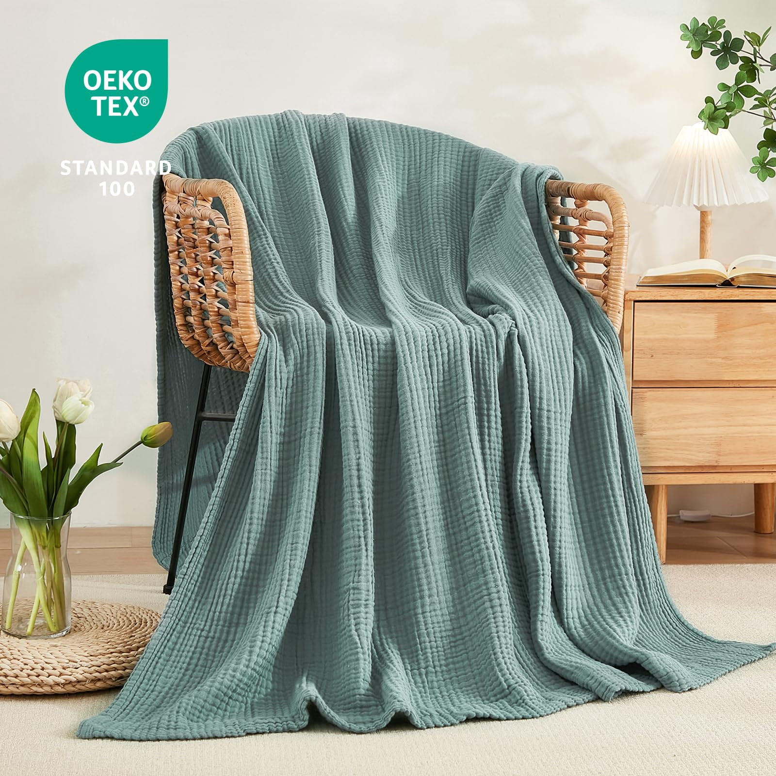 Cotton Blanket Xl For Bed Soft Muslin Blankets 66"x90" Lightweight Breathable Layering Bedspread Coverlet All Season Gauze  Teal