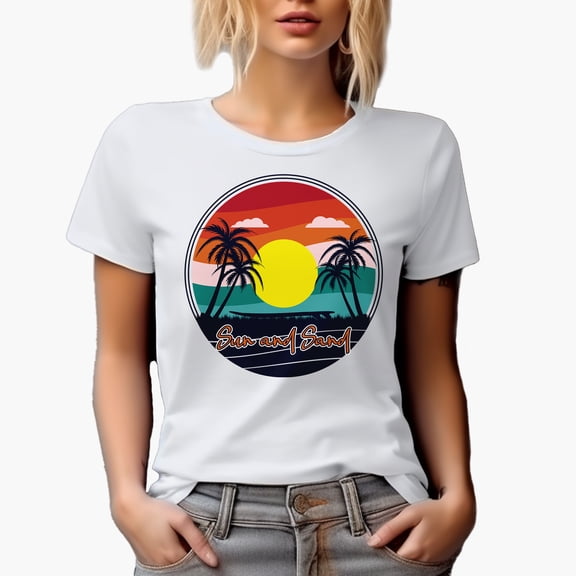 Sun and Sand with Surf Board & Palm Trees, White T-Shirt, Small