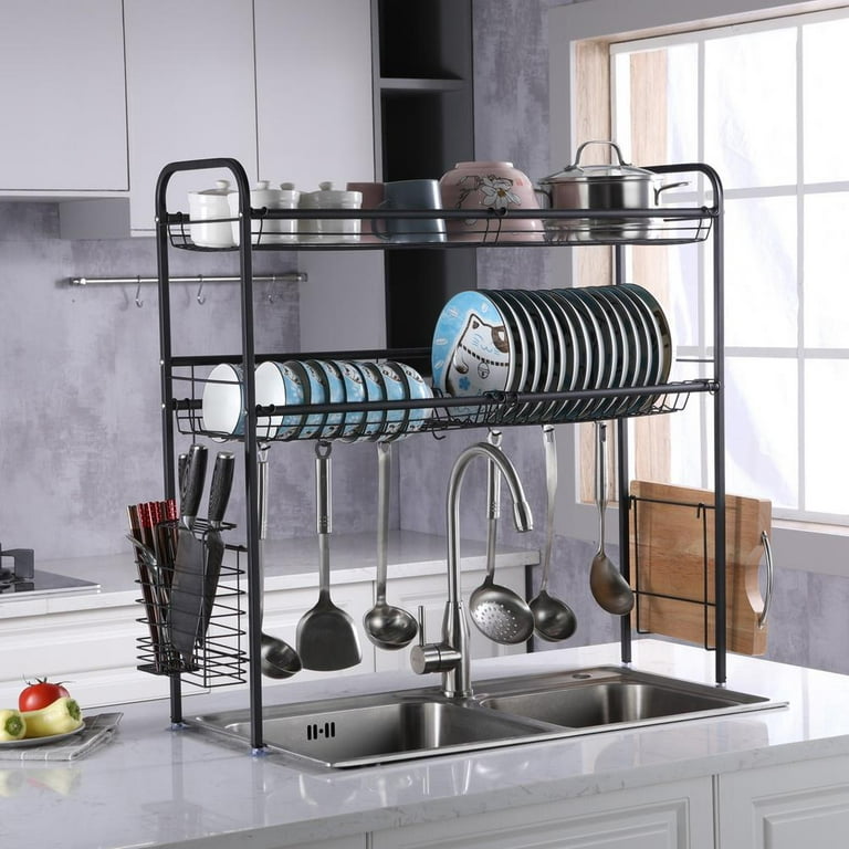 Riousery 2 Tier Dish Racks for Kitchen Counter, Dish Drying Rack with Dish  Drainer, Durable Stainless Steel Dish Rack Drain Set with Utensil Holder