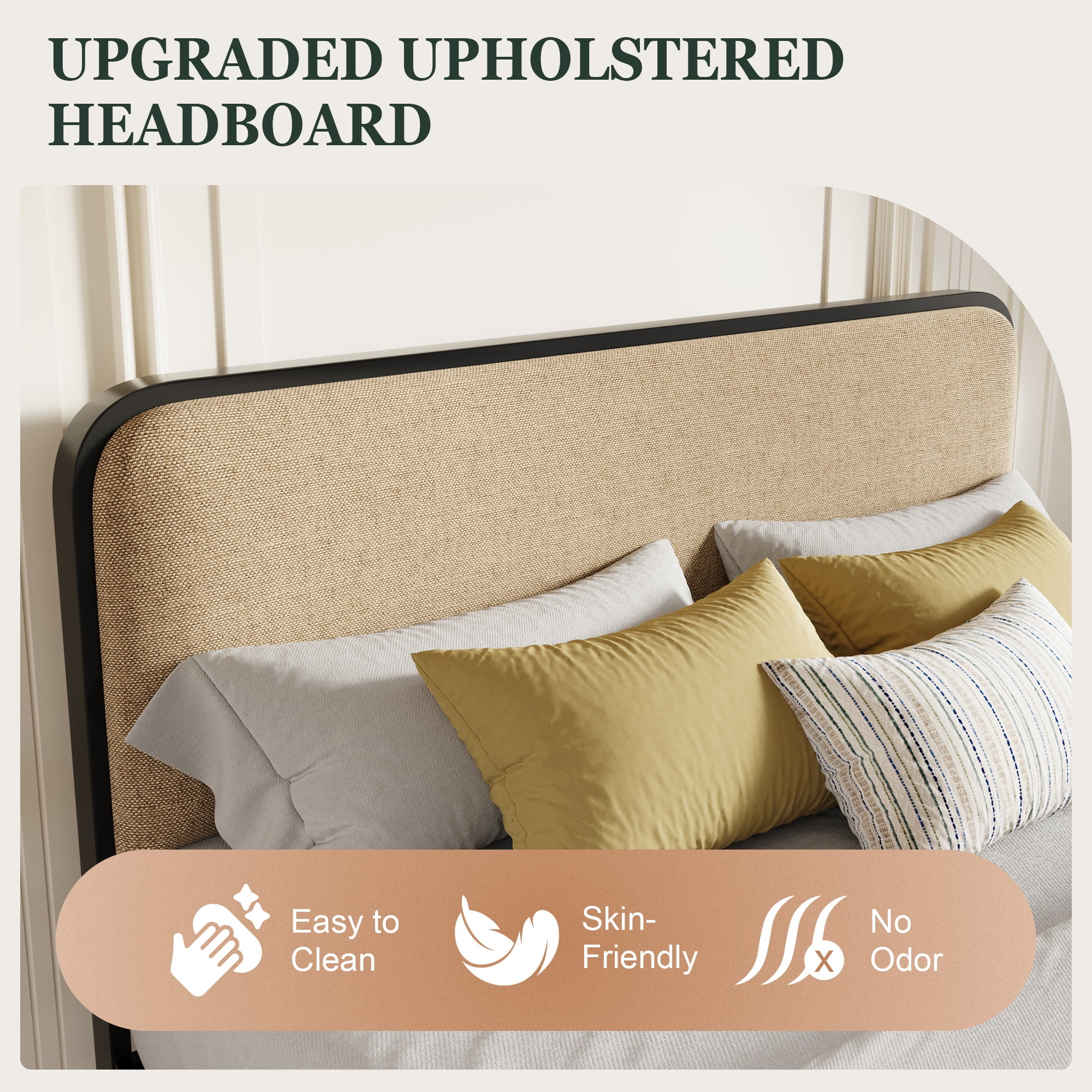 Amolife Queen Size Platform Bed Frame, Upholstered Bed with Fabric Curved Headboard & Footboard, No Box Spring Needed, 1000 LBS Capacity, Beige
