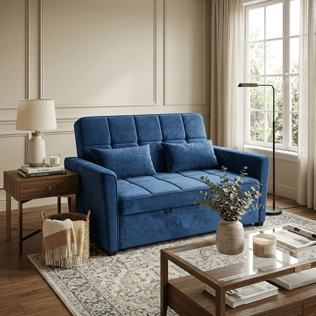 WAKEFIT 54" Pull-Out Sleeper Sofa Bed,3-in-1 Convertible Loveseat Couch with Adjustable Backrest for Small Living Room,Velvet,Blue