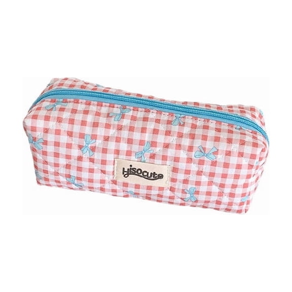 Season Checkered Pencil Case with Bow - Portable Organizer, Soft Quilted Fabric, Multi-Use Makeup Bag, Spacious Storage for Accessories