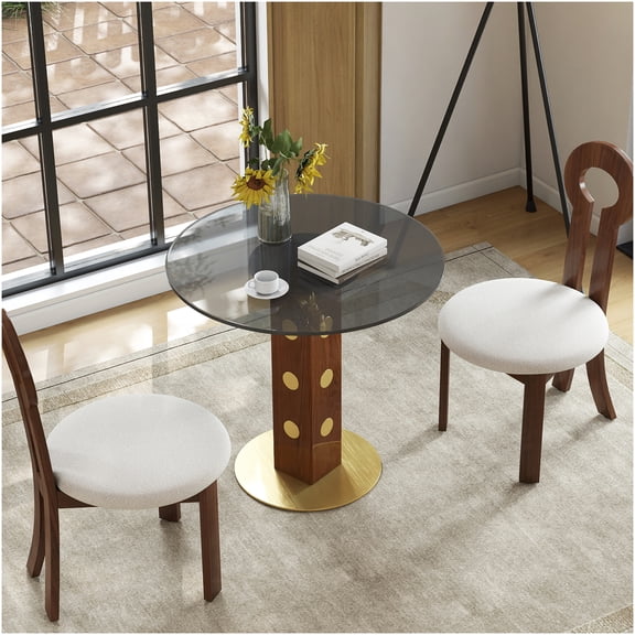 Modern Round Glass Dining Table for Small Spaces with Gold Base and Walnut Leg, 2-Person Breakfast Nook Table