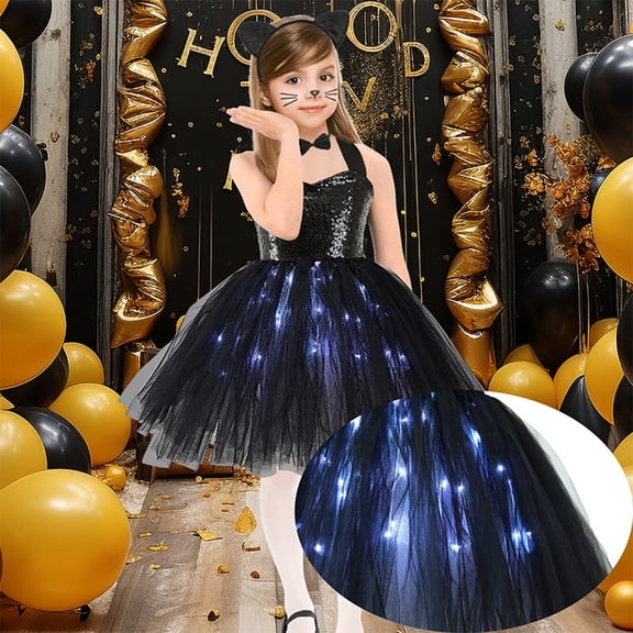 ZHOGXU Big Kids Girls Dress Sleeveless Suspenders Glow In The Dark Mesh Comfortable Stylish Tutu Dresses For Party And Performance Black1 10-11 Years