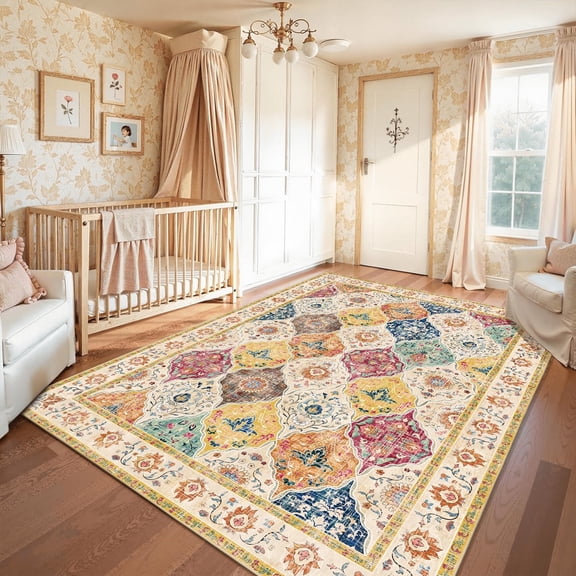 MJIAexp 5'x7' Moroccan Area Rug Washable Bedroom Rug Vintage Boho Area Rug Non-Slip Accent Throw Rug Stain Resistant Floor Carpet for Kitchen Entryway Living Room Office Multi-Color