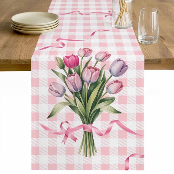 Pink Tulip Spring Floral Table Runner - 70 Inch Long Romantic Flowers Modern Art Pink Plaid Cotton and Linen Blended Dress Scarves Farmhouse Table Runner for Kitchen Dining, Coffee Table, 13" x 70"