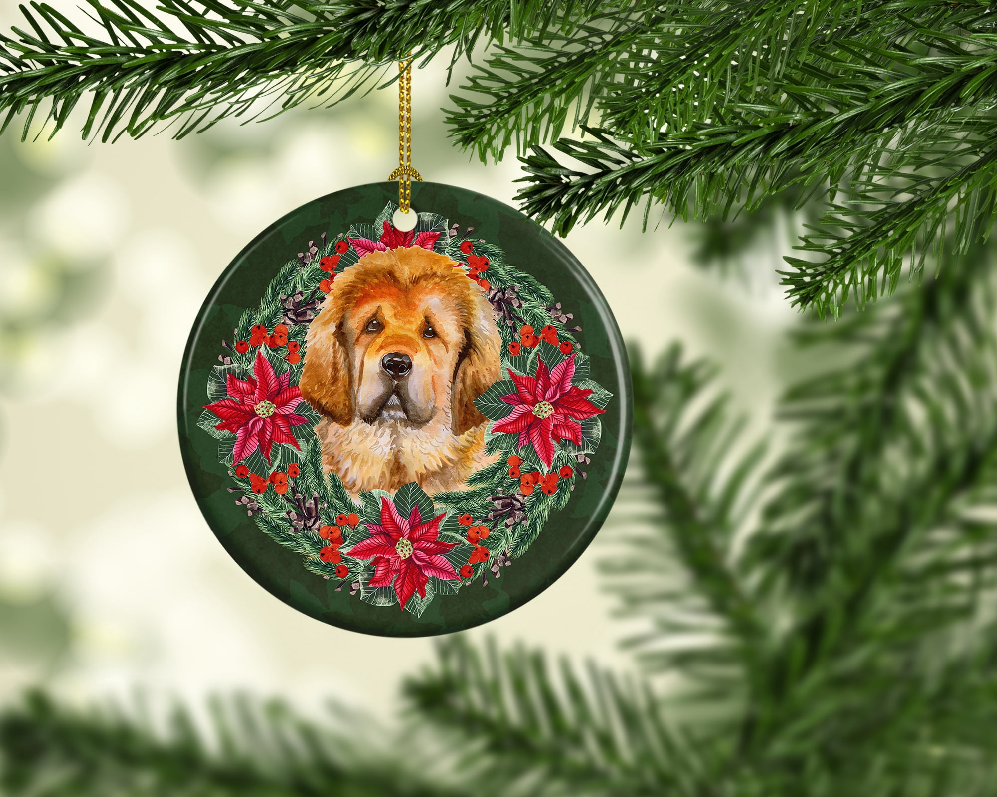 Tibetan Mastiff Poinsetta Wreath Ceramic Ornament 2.8 in x 2.8 in