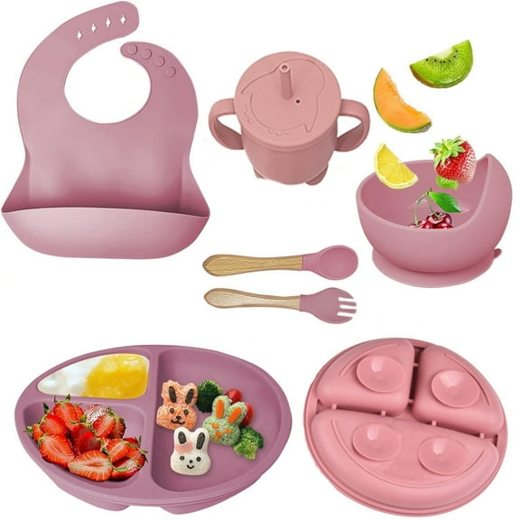 Baby Feeding Set,6 Piece,Baby Led Weaning Supplies with Suction Bowl Divided Plate, Toddler Self Feeding Dish Set with Spoons Forks Sippy Cup Adjustable Bib, Eating Utensils for 6 Months