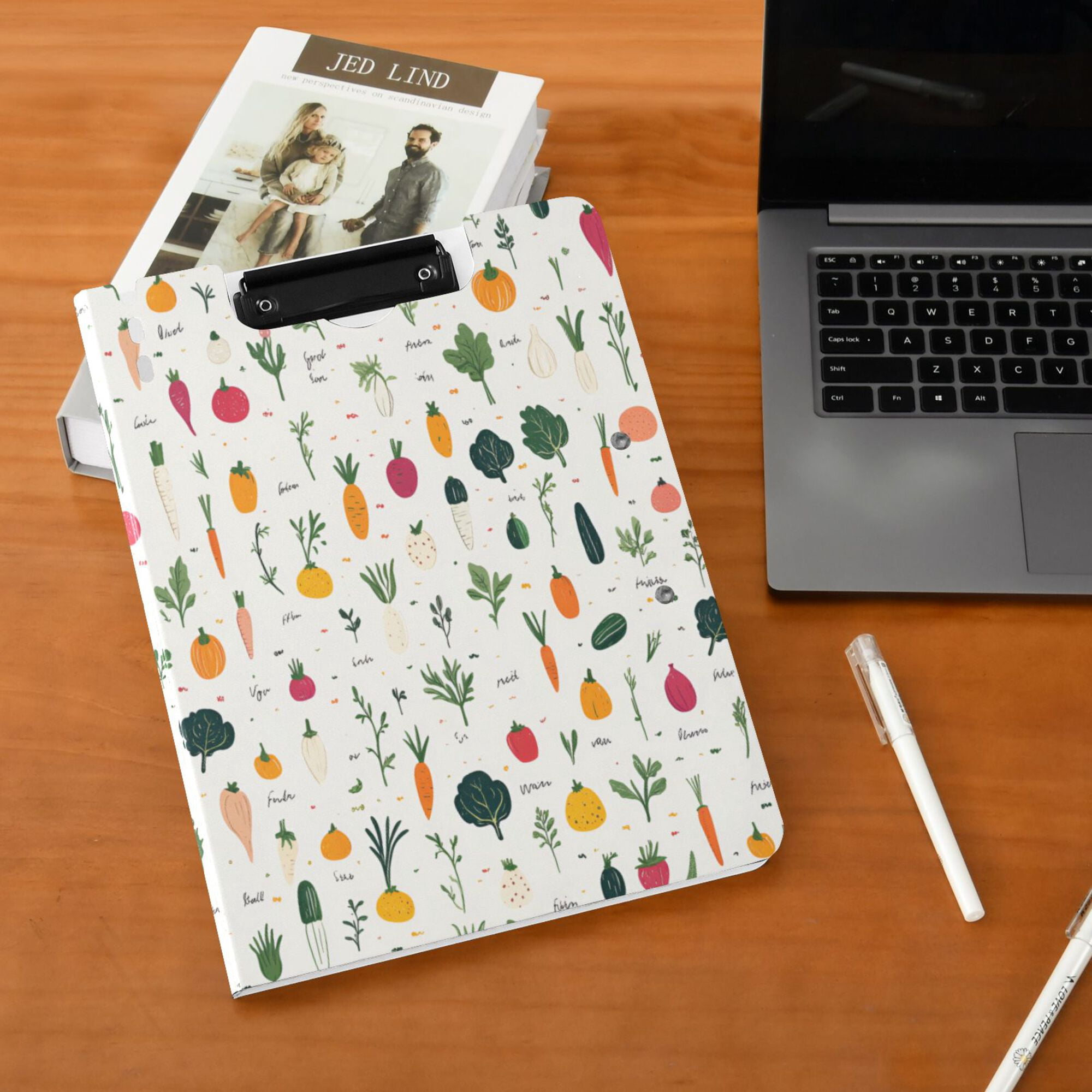 FORMRS A4 Clipboard Folder with Pen Holder Horizontal Foldable School Office Binder, Beige Vegetables Pattern