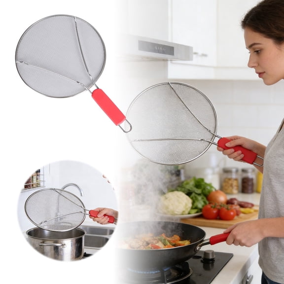 10 Inch Splatter Screen for Cooking, Stainless Steel Grease Splatter Guard with Handle, Dishwasher Safe Oil Splash Shield for Frying Pan, Perforated Food Strainer