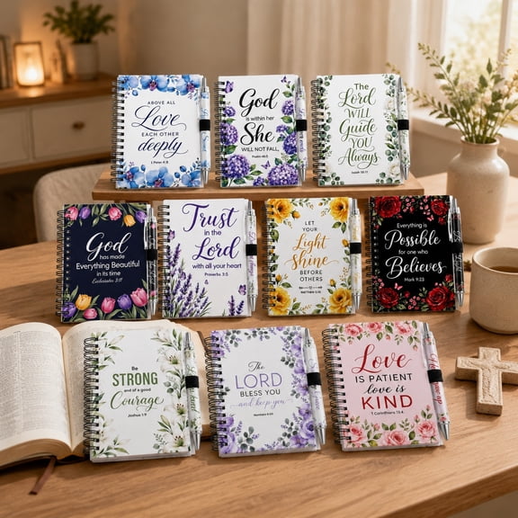 20 Pcs Christian Notebooks and Pens Set, 10 Floral Bible Verse Journals with 10 Inspirational Ballpoint Pens, Religious Gifts for Church Events, Team Gifts and Daily Writing