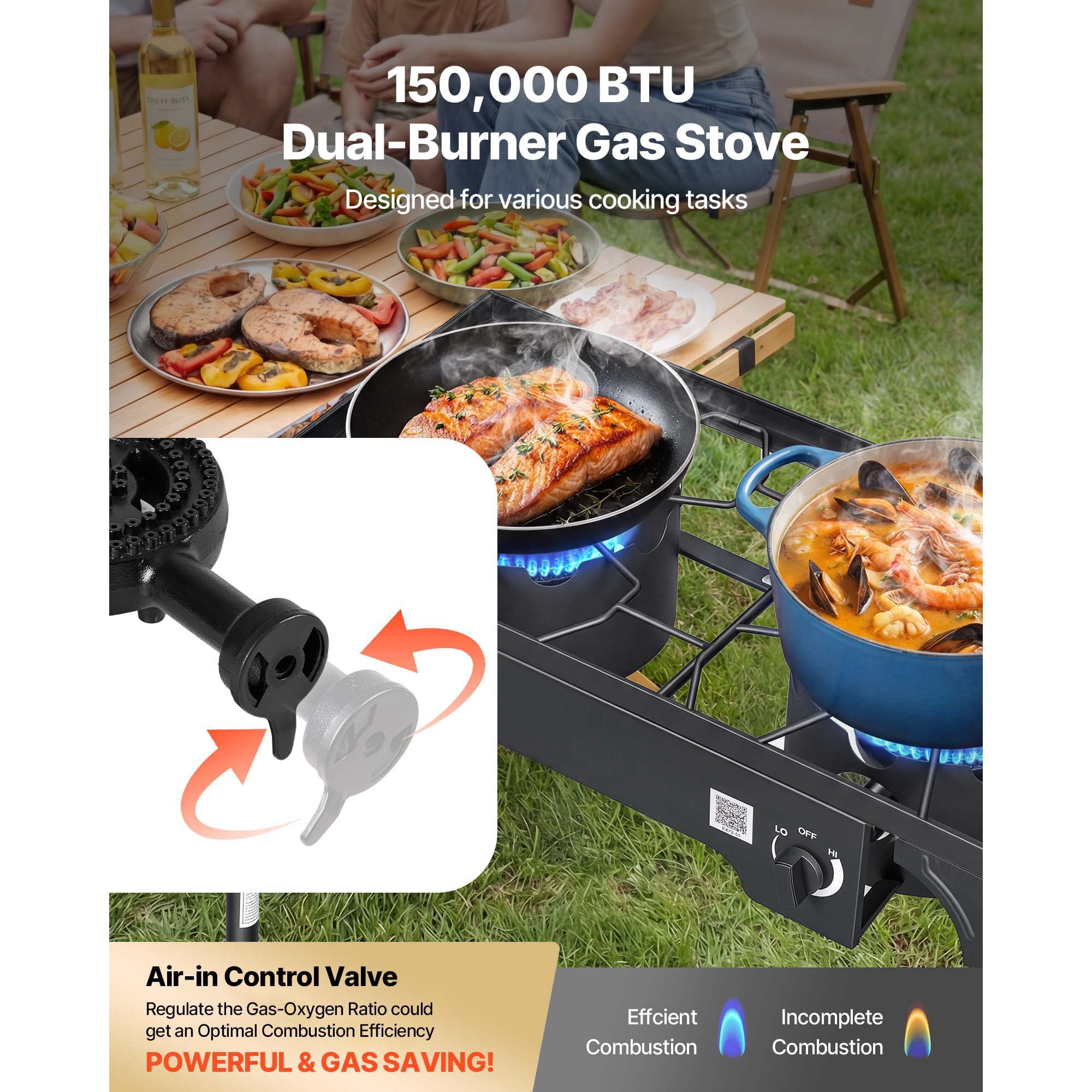 KFFKFF 2-Burner Outdoor Propane Gas Stove, 150,000 BTU LPG Camping Cooker, Durable Carbon Steel Design with Wheels, 20 PSI Regulator & Hose, Ideal for BBQs, Camping, and Backyard Use