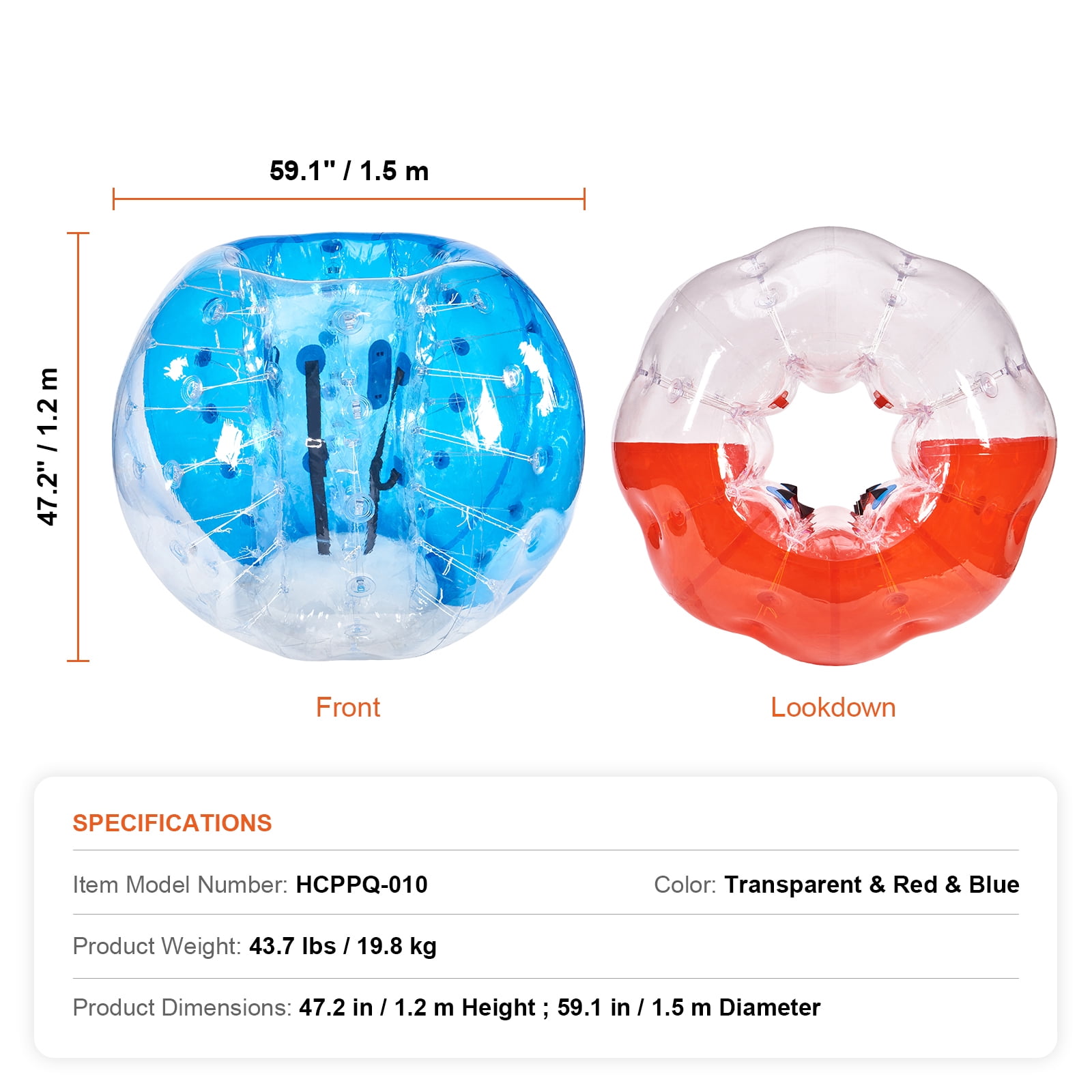 KFFKFF 2-Set Inflatable Collision Spheres, 5FT/1.5M Body-Sized Zorb Spheres for Adolescents & Adults, 0.8mm Durable PVC Human-Sized Hamster Spheres for Outdoor Group Fun