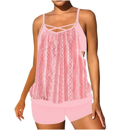 Wyobmus Womens Plus Size Swimsuits Modest 2 Piece Bathing Suits Lace Eyelet Criss Cross Tankini Tops With Boyshorts A-Pink