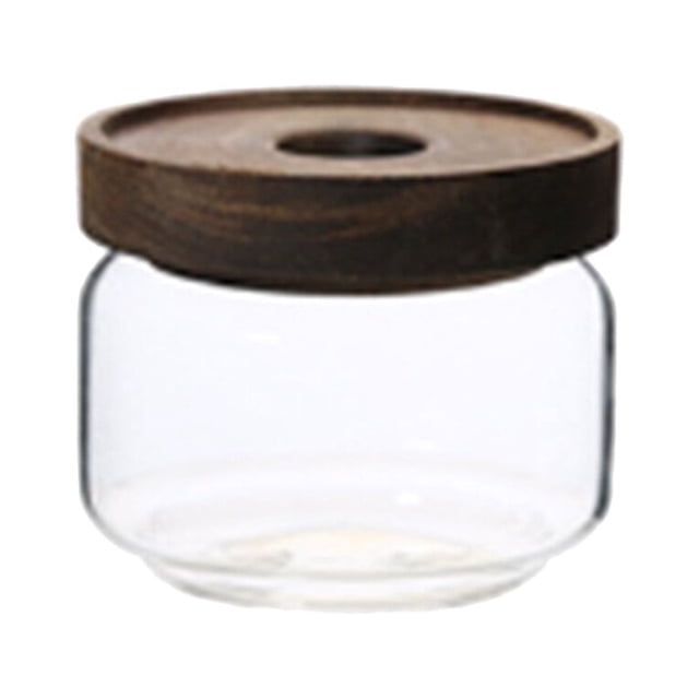 350ML Wooden Lid Candy Jar High Borosilicate Transparent Glass Storage Tank Portable Food Grain Container (9x7.5cm)
