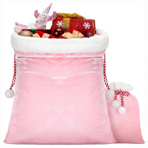2 Pcs Christmas Velvet Bags With Drawstring - Large Plush Santa Sack in 2 Sizes for Xmas Package Storage