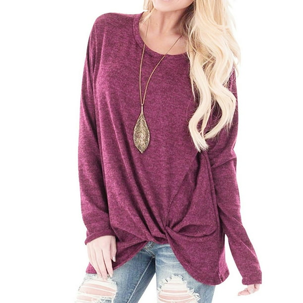 Puntoco Mujeres Moda Suelta Manga Larga O-cuello Casual Sólido Camiseta Blusa tops Puntoco Puntoco-342