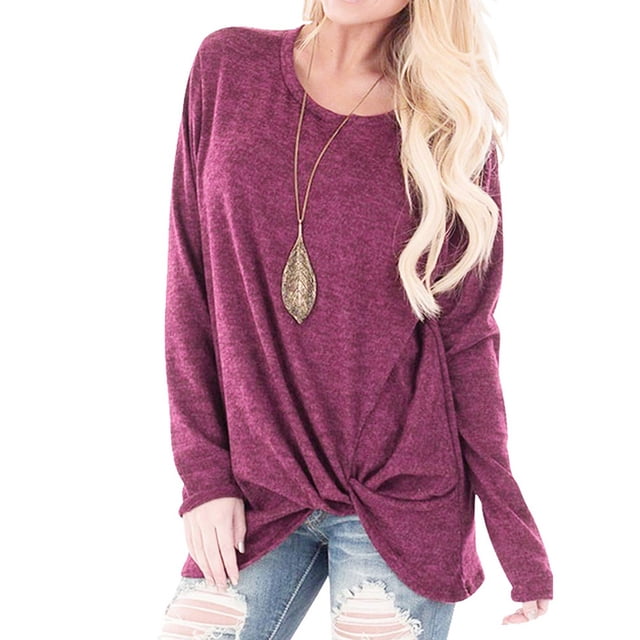 Puntoco Mujeres Moda Suelta Manga Larga O-cuello Casual Sólido Camiseta Blusa tops Puntoco Puntoco-343