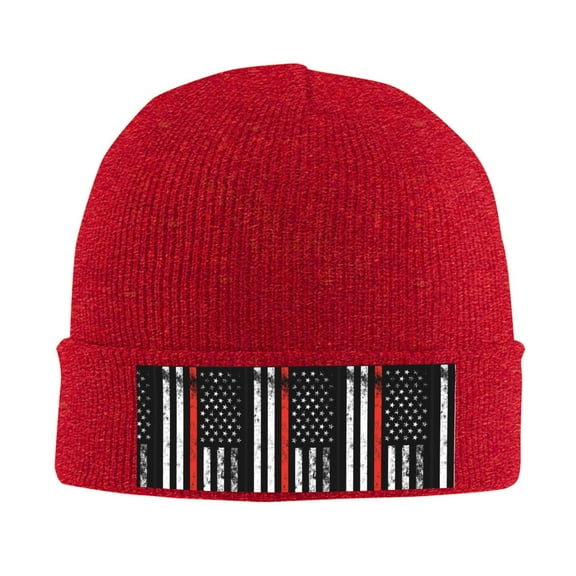 Firefighter Firefighting Flag Winter Beanie Hats for Men Women Warm Cozy Knitted Cuffed Skull Cap Red