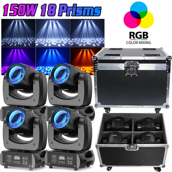 18 Prism Moving Head DJ Light w/ Flight Case,4pcs Beam 8 Gobo LED Stage Light RGB Dazzling Effect DJ Lighting 12CH for Wedding Parties Club Disco