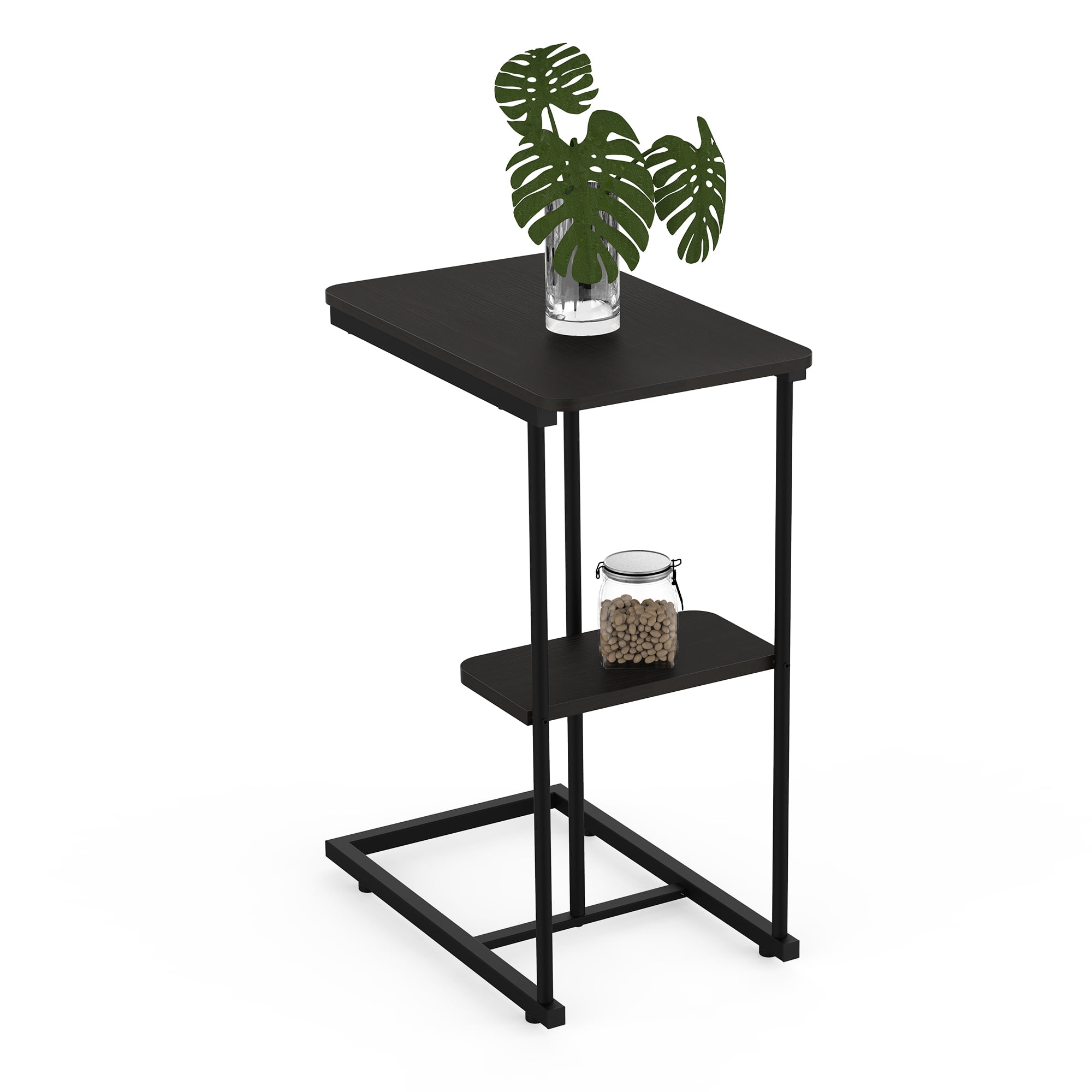 Leumius C-Shape End Table,End Table with Storage Basket,Portablle Sofa Side Table,Black Brown