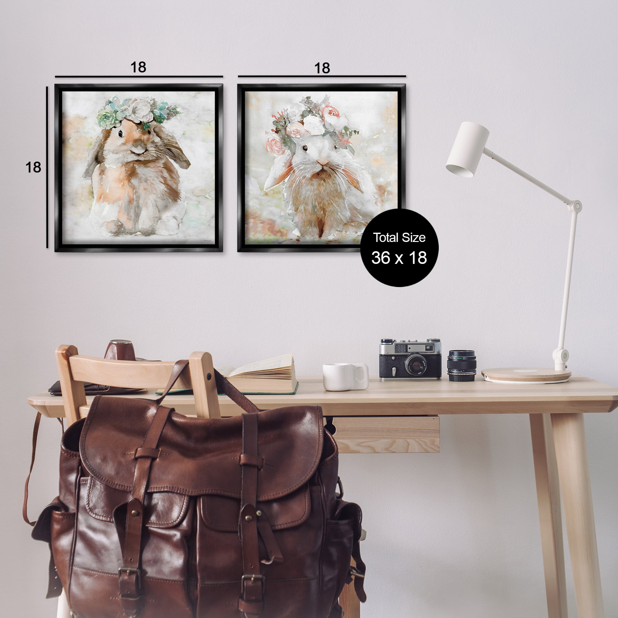 Stupell Industries Soft Spring Floral Bunnies Animals Painting Black Floater Framed Canvas Art Print Wall Art, 18 x 18, Set of 2