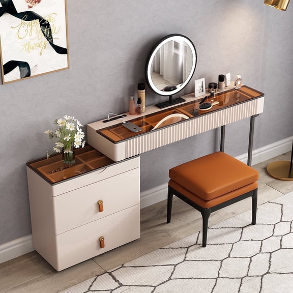 Lartis Corner Vanity Desk with Stool Bedroom Corner Vanity Set, 1 Storage Drawer, 1 high Storage Pull Cabinet, 360 °Rotatable Dimmable Makeup Mirror