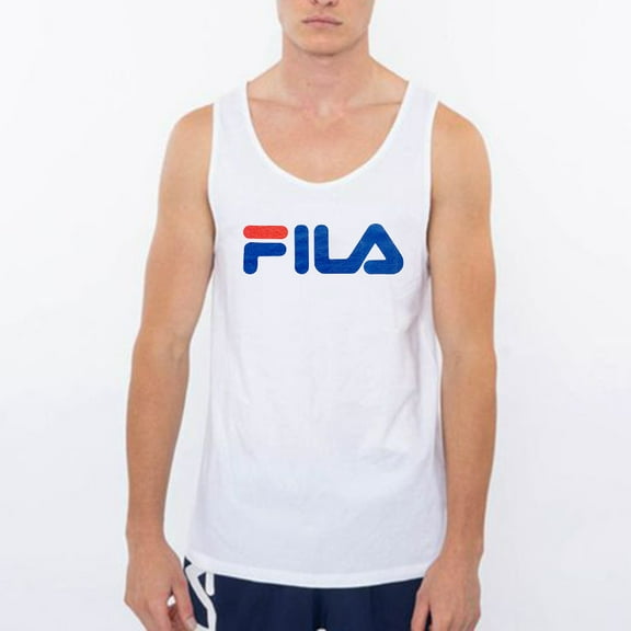 Fila Men's Tank Top Casual Round Neck Logo Print Sleeveless Athletic Workout Tee, White, M