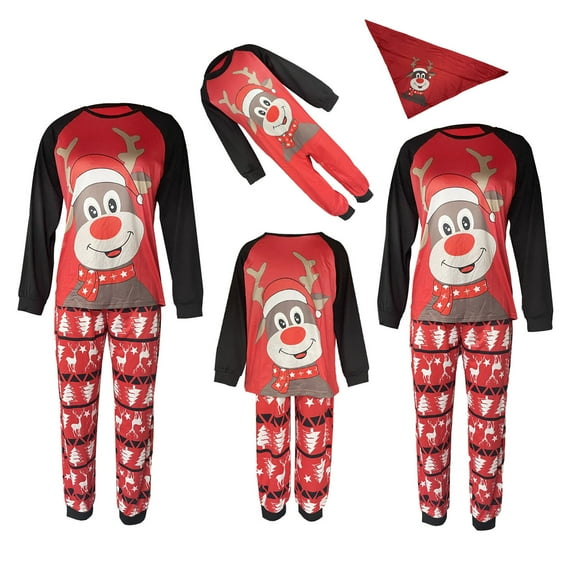 Elippeo Family Matching Christmas Pajamas Pet Kerchief/Baby Romper/Cartoon Elk Print Long Sleeve Tops   Deer Print Pants Set