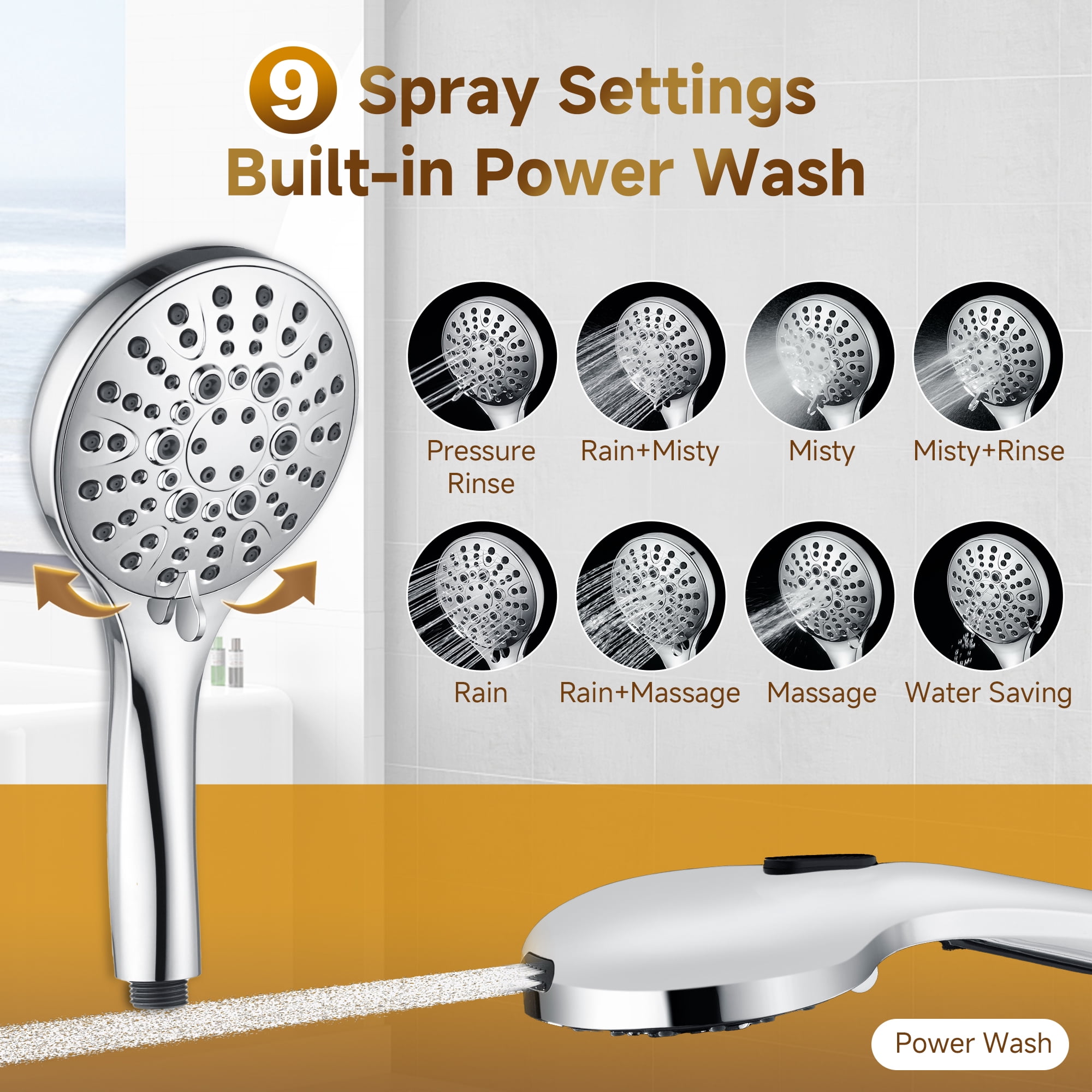 Bright Showers Rain Shower Heads System, Rainfall & Handheld Shower Combo with Height Adjustable Holder, Solid Brass Rail, 60" Long Hose, Chrome