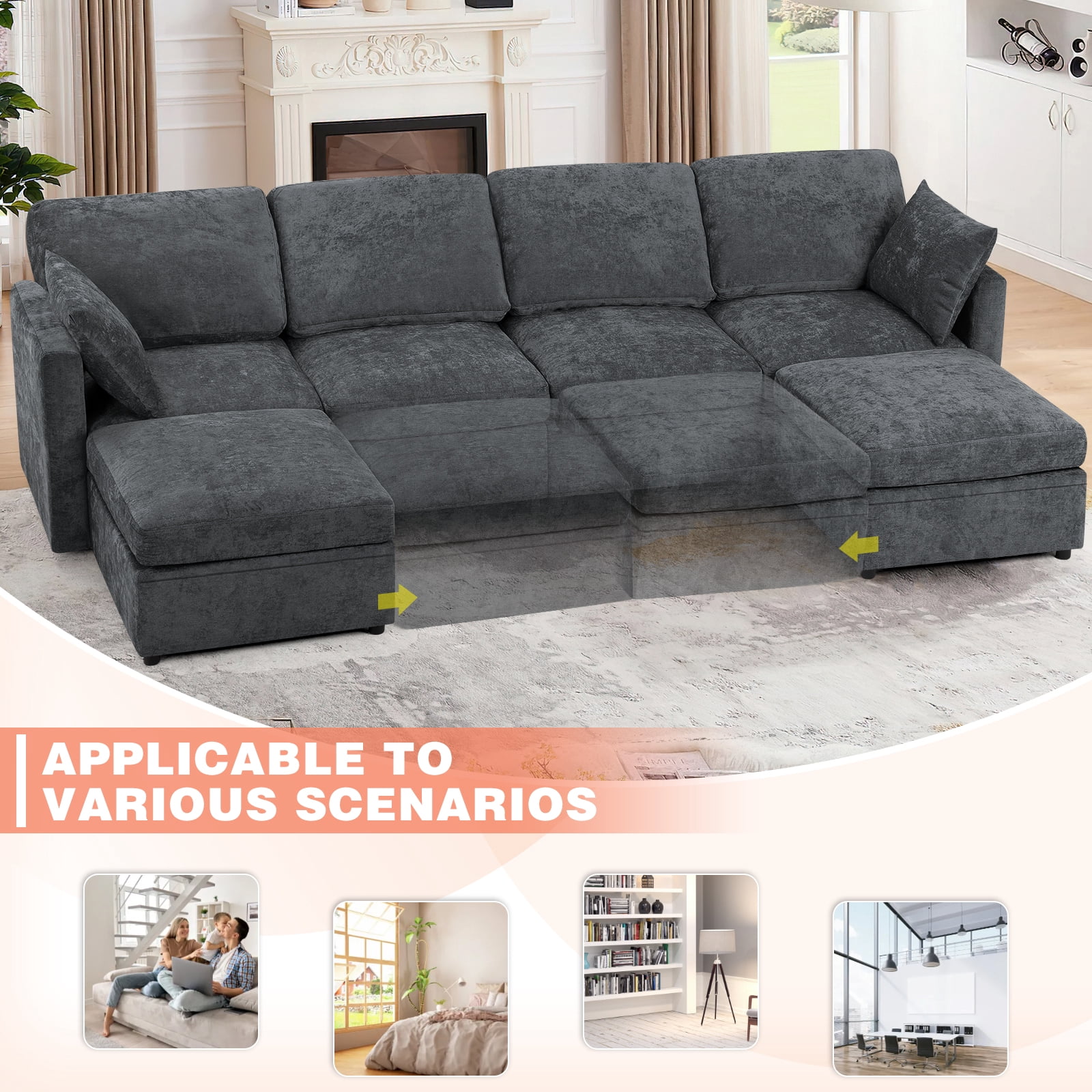 ACMEASE 110” Chenille 4 Seats Sofa W/2 Movable Ottoman, Modern Fabric U-Shaped Couch with Soft Backrest, Upholstered Sectional Sofa with Armrest Pillows for Living Room, Office, Gray